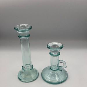 VTG VE Vetreria Etrusca Green Glass Candlesticks Flower Case ITALY MCM Set of 2